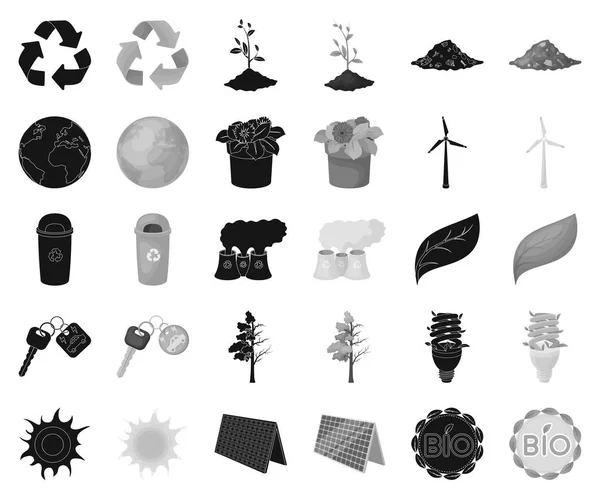Bio a ekologie černé, černobílé ikony v nastavení kolekce pro design. Ekologicky čistý výrobek vektor symbol akcií web ilustrace. — Stockový vektor
