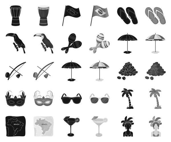 Pays Brésil noir, icônes monochromes dans la collection ensemble pour le design. Voyages et attractions Brésil symbole vectoriel stock web illustration . — Image vectorielle