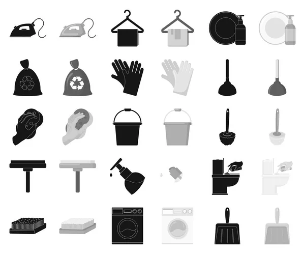 Rengöring och städning svart, monokrom ikoner i set samling för design. Utrustning för rengöring vektor symbol lager web illustration. — Stock vektor