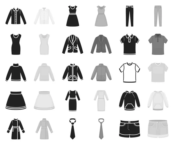 Diferentes tipos de ropa negra, iconos monocromáticos en la colección de conjuntos para el diseño. Ropa y estilo vector símbolo stock web ilustración . — Vector de stock