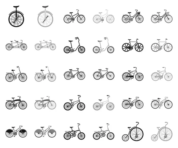 Varias bicicletas negro, iconos monocromáticos en la colección de conjuntos para el diseño. El tipo de vector de transporte símbolo stock web ilustración . — Archivo Imágenes Vectoriales