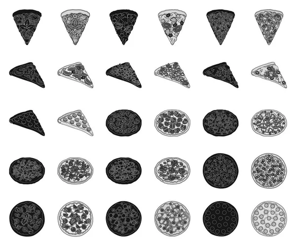 Diferentes pizza negro, iconos monocromáticos en la colección de conjuntos para design.Pizza alimento vector símbolo stock web ilustración . — Vector de stock