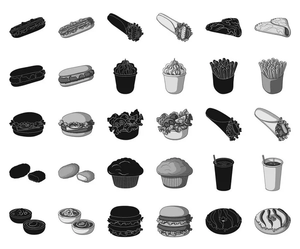 Fast food μαύρο, μονόχρωμες εικόνες σετ συλλογής για το σχεδιασμό. Φαγητό από ημι-έτοιμα προϊόντα διανυσματικά εικονογράφηση σύμβολο μετοχής web. — Διανυσματικό Αρχείο