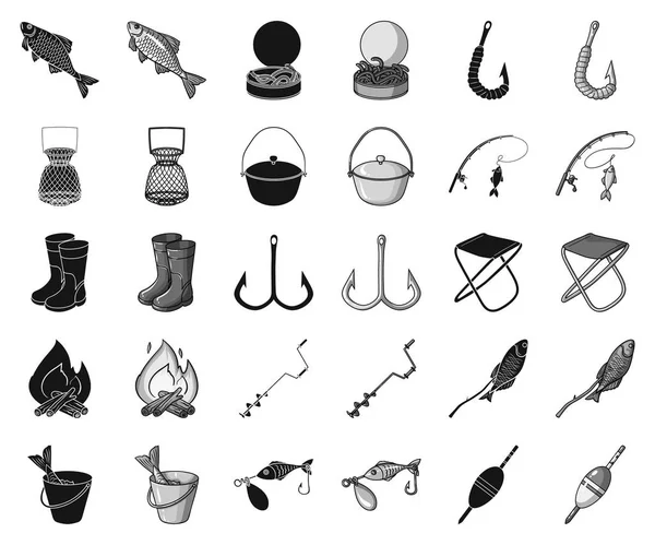 Pesca y descanso negro, iconos monocromáticos en colección de conjuntos para el diseño. Tackle para la ilustración de la tela del símbolo del vector de pesca . — Vector de stock