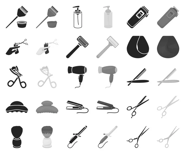 Peluquería y herramientas negro, iconos monocromáticos en la colección de conjuntos para design.Profession peluquería vector símbolo stock web ilustración . — Vector de stock