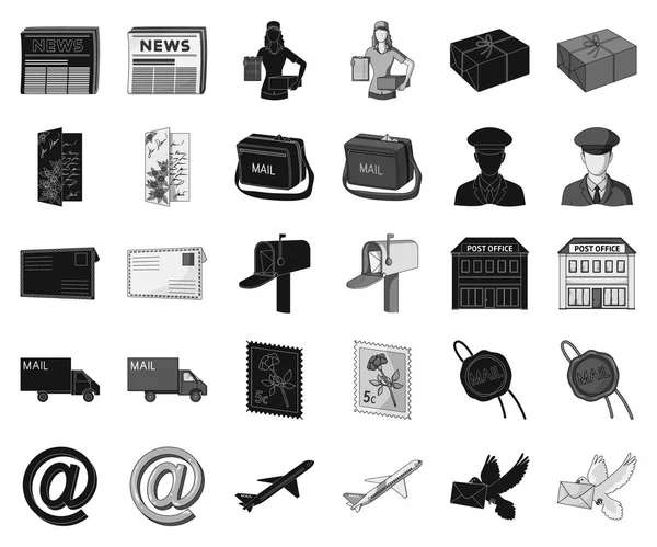 Post und Postbote schwarz, monochrome Ikonen in Set-Kollektion für Design. Mail und Ausrüstung Vektor Symbol Stock Web Illustration. — Stockvektor