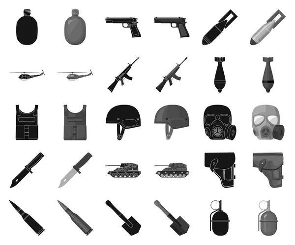 Армия и вооружение черные, монохромные иконы в наборе коллекции для дизайна. Векторная веб-иллюстрация оружия и оборудования . — стоковый вектор