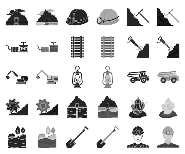 Горнодобывающая промышленность черная, монохромные иконы в коллекции наборов для дизайна. Изображение векторного символа оборудования и инструментов . — стоковый вектор