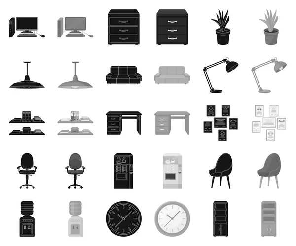 Interior del lugar de trabajo negro, iconos monocromáticos en la colección de conjuntos para el diseño. Muebles de oficina vector símbolo stock web ilustración . — Archivo Imágenes Vectoriales