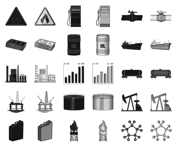 Нефтяная промышленность черная, монохромные иконы в коллекции наборов для дизайна. Иллюстрация векторных символов запасов оборудования и нефти . — стоковый вектор