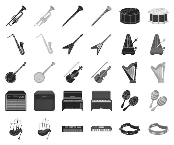 Muziekinstrument zwart, zwart-wit pictogrammen in set collectie voor design. Tekenreeks en blaasinstrument vector symbool voorraad web illustratie. — Stockvector