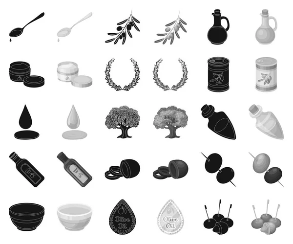 Oliwa z oliwek, jedzenie czarny, monochromatyczne ikony w kolekcja zestaw do projektowania. Oliwa z oliwek, przyprawy ilustracji wektorowych symboli zasobów sieci web. — Wektor stockowy