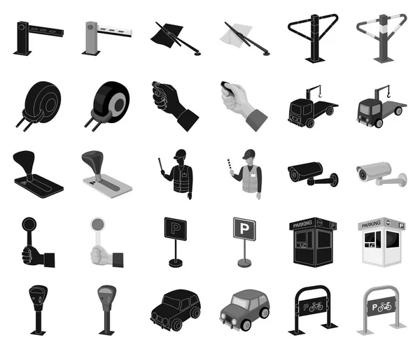 Estacionamento para carros preto, ícones monocromáticos em coleção de conjuntos para design. Ilustração web do estoque do símbolo do vetor do equipamento e do serviço . —  Vetores de Stock