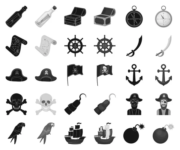 Pirata, ladrón de mar negro, iconos monocromáticos en la colección de conjuntos para el diseño. Tesoros, atributos vector símbolo stock web ilustración . — Vector de stock