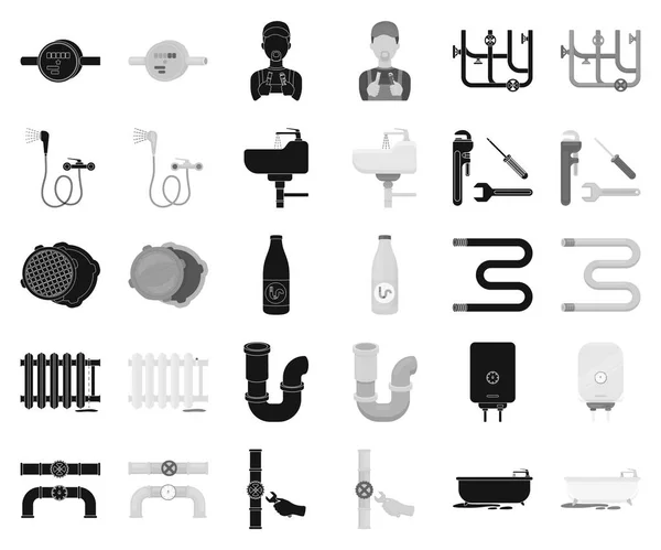 Plomberie, montage noir, icônes monochromes dans la collection ensemble pour le design. Matériel et outils symbole vectoriel stock illustration web . — Image vectorielle