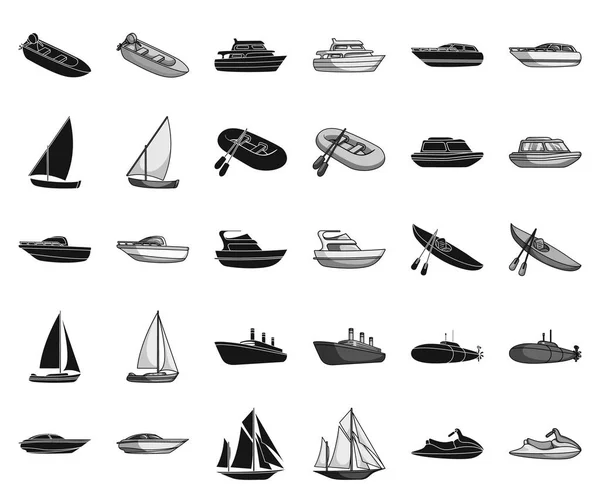 Víz- és tengeri közlekedés fekete, fekete-fehér ikonok beállítása gyűjtemény a design. Csónakok és hajók különböző szimbólum állomány honlap illusztráció vektor. — Stock Vector