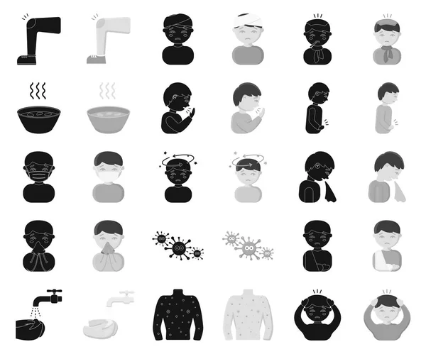 De zieke man zwart, zwart-wit pictogrammen in set collectie voor design. Ziekte en behandeling vector symbool voorraad web illustratie. — Stockvector