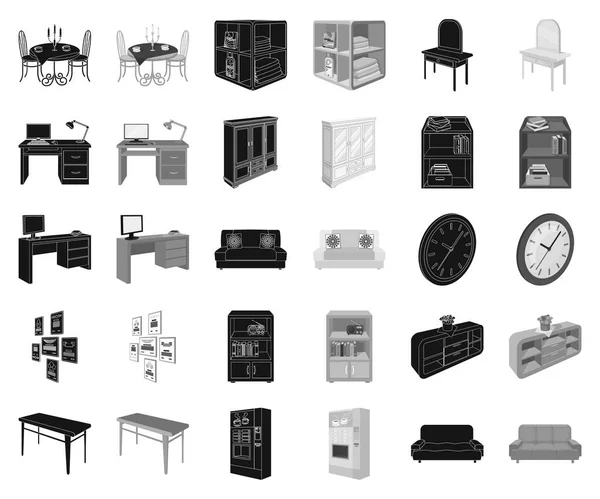 Móveis e ícones interiores preto, monocromático na coleção de conjuntos para design. Mobiliário doméstico vetor isométrico símbolo estoque web ilustração . — Vetor de Stock