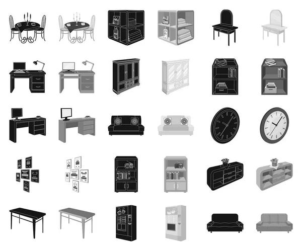 가구와 인테리어 블랙, 흑백 아이콘 디자인에 대 한 설정된 컬렉션. 가정용 가구 아이소메트릭 기호 재고 웹 일러스트 벡터. — 스톡 벡터