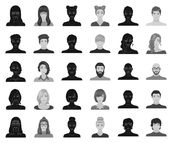 Avatar and face black, monochrome icons in set collection for design. Иллюстрация векторного символа человека на сайте . — стоковый вектор