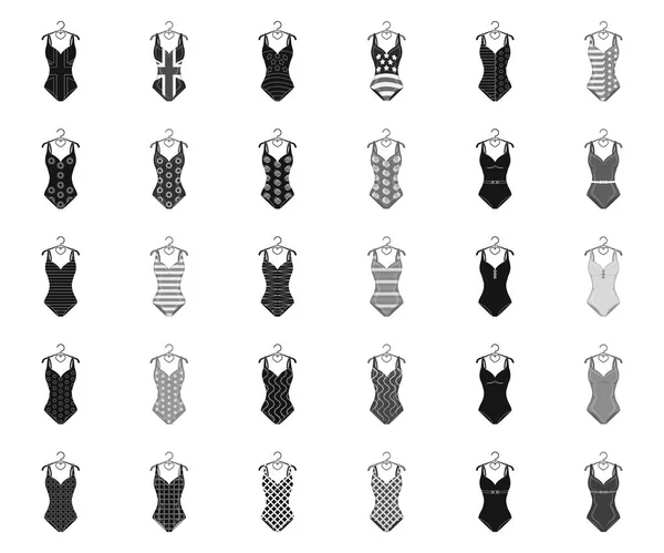 Verschiedene Arten von Badeanzügen schwarz, einfarbige Symbole in Set-Kollektion für Design. Schwimmzubehör Vektor Symbol stock web illustration. — Stockvektor