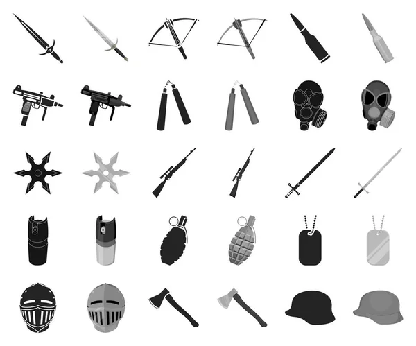 Soorten wapens zwart, zwart-wit pictogrammen in set collectie voor design. Vuurwapens en wapens blads vector symbool voorraad web illustratie. — Stockvector
