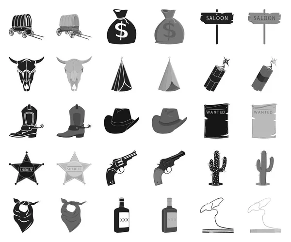 Attributs de l'ouest sauvage noir, icônes monochromes dans la collection ensemble pour design.Texas et America vecteur symbole stock web illustration . — Image vectorielle