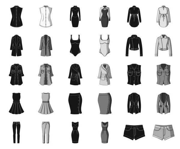 Damesmode zwart, zwart-wit pictogrammen in set collectie voor design. Variëteiten van de kleding en accessoires symbool voorraad web vectorillustratie. — Stockvector