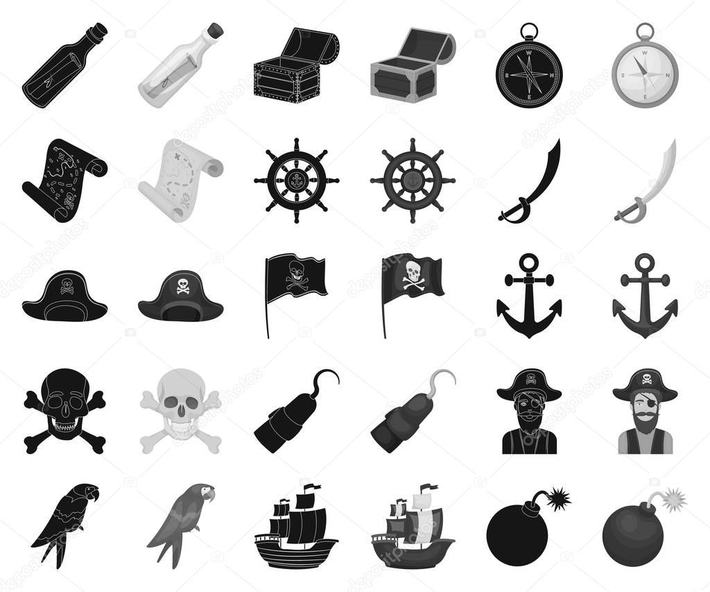 Pirate, sea robber black,monochrome icons in set collection for design. Treasures, attributes vector symbol stock web illustration.