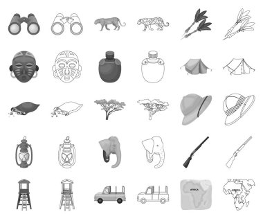 Afrika Safari siyah-beyaz set koleksiyonu tasarım için anahat simgeleri. Sembol stok web illüstrasyon vektör kupa ve Safari için donatım.