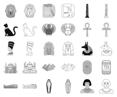 Antik Mısır siyah-beyaz set koleksiyonu tasarım için anahat simgeleri. Firavun saltanatı sembol stok web illüstrasyon vektör.