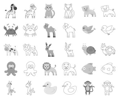 Gerçekçi olmayan bir tek renkli, set koleksiyonu tasarım için anahat hayvan simgeler. Oyuncak hayvanlar sembol stok web illüstrasyon vektör.