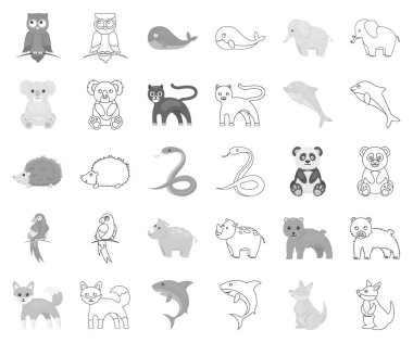 Bir gerçekçi olmayan hayvan siyah-beyaz set koleksiyonu tasarım için anahat simgeleri. Oyuncak hayvanlar sembol stok web illüstrasyon vektör.