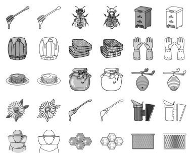 Arı kovanı ve arıcılık tek renkli, set koleksiyonu tasarım için anahat simgeleri. Ekipman ve bal üretim sembol stok web illüstrasyon vektör.