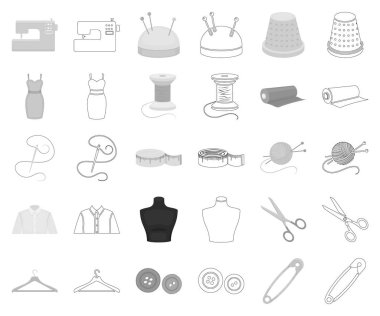 Atelier ve dikiş siyah-beyaz set koleksiyonu tasarım için anahat simgeleri. Dikiş vektör için cihazlar ve hisse senedi web illüstrasyon simge.