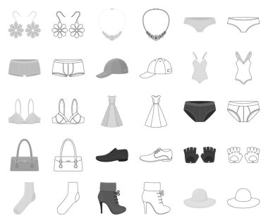 Giysi ve aksesuarları tek renkli, set koleksiyonu tasarım için anahat simgeleri. Ayakkabı ve dekorasyon sembol stok web illüstrasyon vektör.