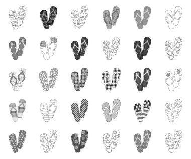 Parmak arası terlik siyah-beyaz set koleksiyonu tasarım için anahat simgeleri. Beach ayakkabı sembol stok web illüstrasyon vektör.