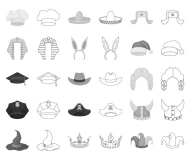 Farklı türde şapka siyah-beyaz set koleksiyonu tasarım için anahat simgeleri. Headdress vektör simge stok web çizimi.