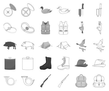 Avcılık ve kupa tek renkli, set koleksiyonu tasarım için anahat simgeleri. Avcılık ve ekipman sembol stok web illüstrasyon vektör.