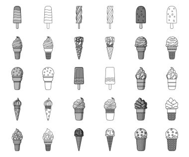 Farklı dondurma siyah-beyaz set koleksiyonu tasarım için anahat simgeleri. Tatlı ve tatlılık sembol stok web illüstrasyon vektör.