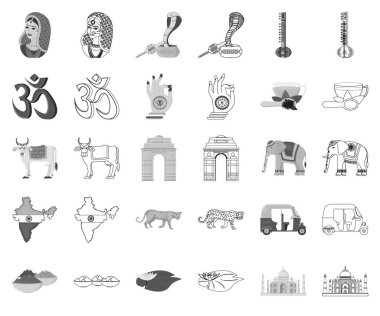 Ülke Hindistan tek renkli, set koleksiyonu tasarım için anahat simgeleri. Hindistan ve dönüm noktası sembol stok web illüstrasyon vektör.