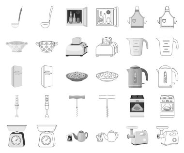 Mutfak ekipman tek renkli, set koleksiyonu tasarım için anahat simgeleri. Sembol stok web illüstrasyon vektör mutfak ve aksesuarları.