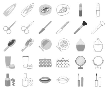 Makyaj ve kozmetik tek renkli, set koleksiyonu tasarım için anahat simgeleri. Makyaj ve ekipman sembol stok web illüstrasyon vektör.