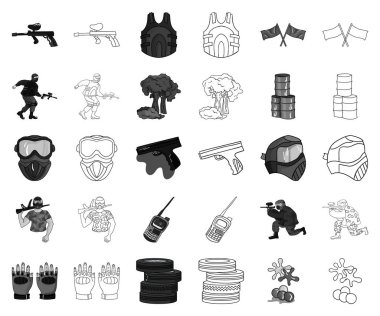 Paintball, takım oyunu tek renkli, set koleksiyonu tasarım için simgeleri anahat. Ekipman ve kıyafet sembol stok web illüstrasyon vektör.