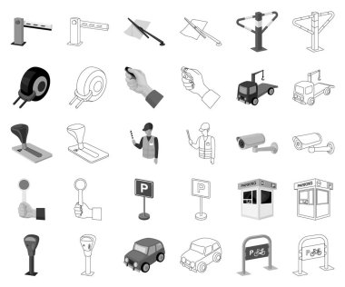 Arabalar tek renkli için Otopark, set koleksiyonu tasarım için simgeleri anahat. Ekipman ve hizmet vektör simgesi web illüstrasyon stok.