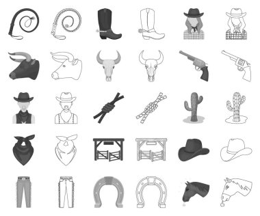Rodeo, rekabet siyah-beyaz set koleksiyonu tasarım için anahat simgeleri. Kovboy ve ekipman sembol stok web illüstrasyon vektör.