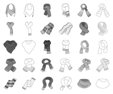 Eşarp ve şal tek renkli, set koleksiyonu tasarım için anahat simgeleri. Giysi ve Aksesuar sembol stok web illüstrasyon vektör.