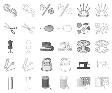Dikiş, atelier siyah-beyaz anahat simgeleri set koleksiyonu tasarım için. Araç kiti vektör simge stok web çizim.