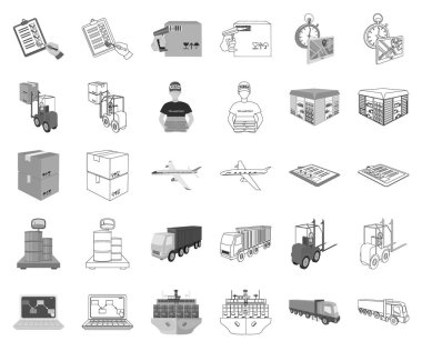 Lojistik ve dağıtım tek renkli, set koleksiyonu tasarım için anahat simgeleri. Taşıtlar ve donatımı izometrik vektör simge stok web çizim.
