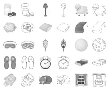 Dinlenme ve uyku tek renkli, set koleksiyonu tasarım için anahat simgeleri. Aksesuarlar ve konfor sembol stok web illüstrasyon vektör.